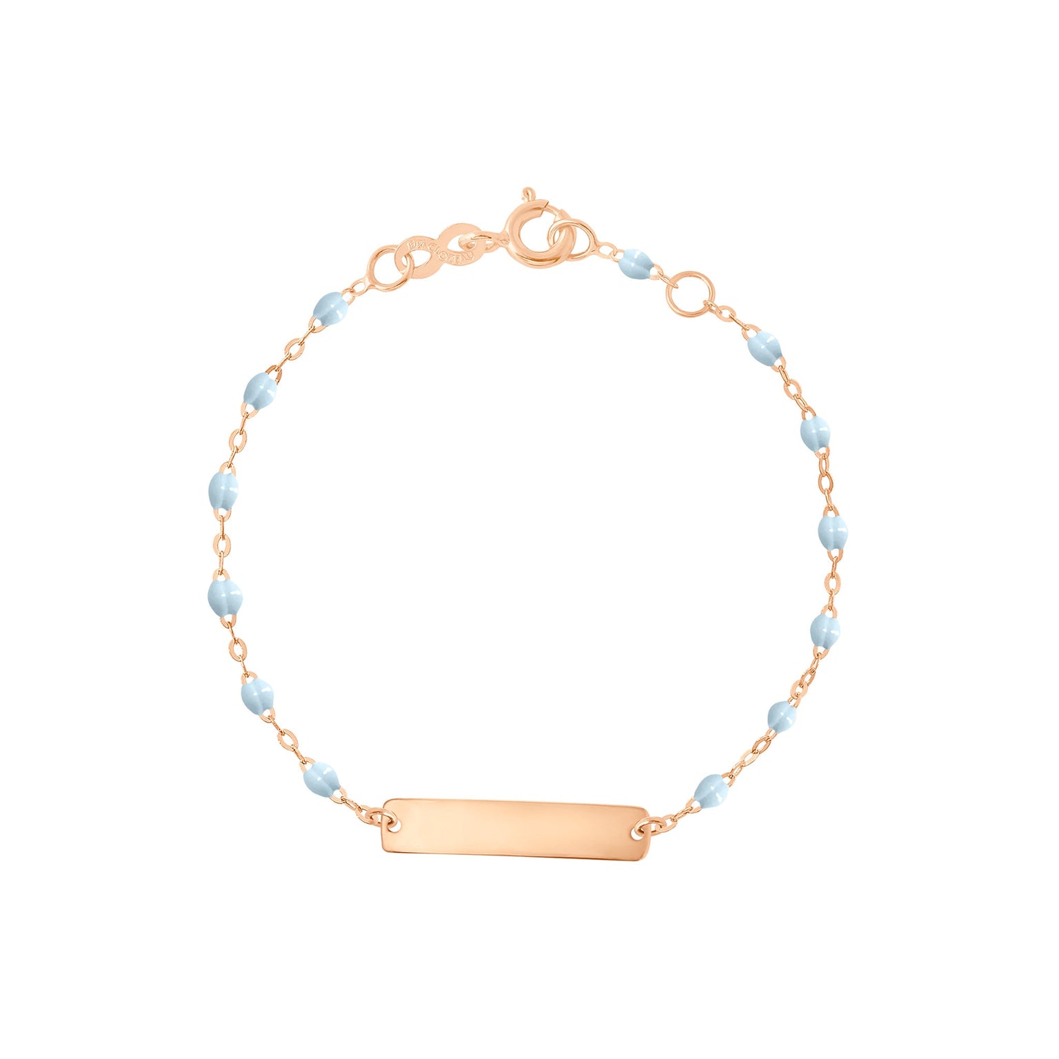 Gigi Clozeau - Bracelet bleu layette Little Gigi, plaque rectangle, or rose, 15 cm