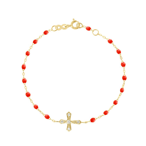 Gigi Clozeau - Bracelet corail croix vintage diamants, or jaune, 17 cm