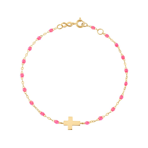 Gigi Clozeau - Bracelet enfant rose fluo Croix, or jaune, 15 cm