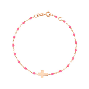 Gigi Clozeau - Bracelet enfant rose fluo Croix, or rose, 15 cm