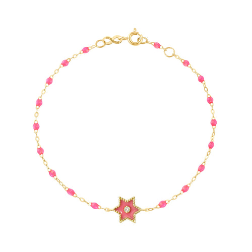 Gigi Clozeau - Bracelet Etoile Star résine rose fluo, diamant, or jaune, 17 cm