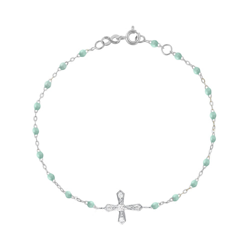 Gigi Clozeau - Bracelet jade croix vintage diamants, or blanc, 17 cm