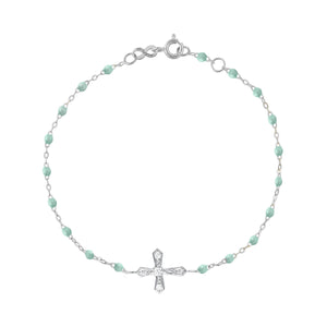 Gigi Clozeau - Bracelet jade croix vintage diamants, or blanc, 17 cm