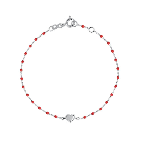 Gigi Clozeau - Bracelet Lucky Coeur, or blanc et mini perles de résine coquelicot, 17 cm