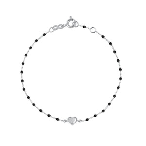 Gigi Clozeau - Bracelet Lucky Coeur, or blanc et mini perles de résine noire, 17 cm