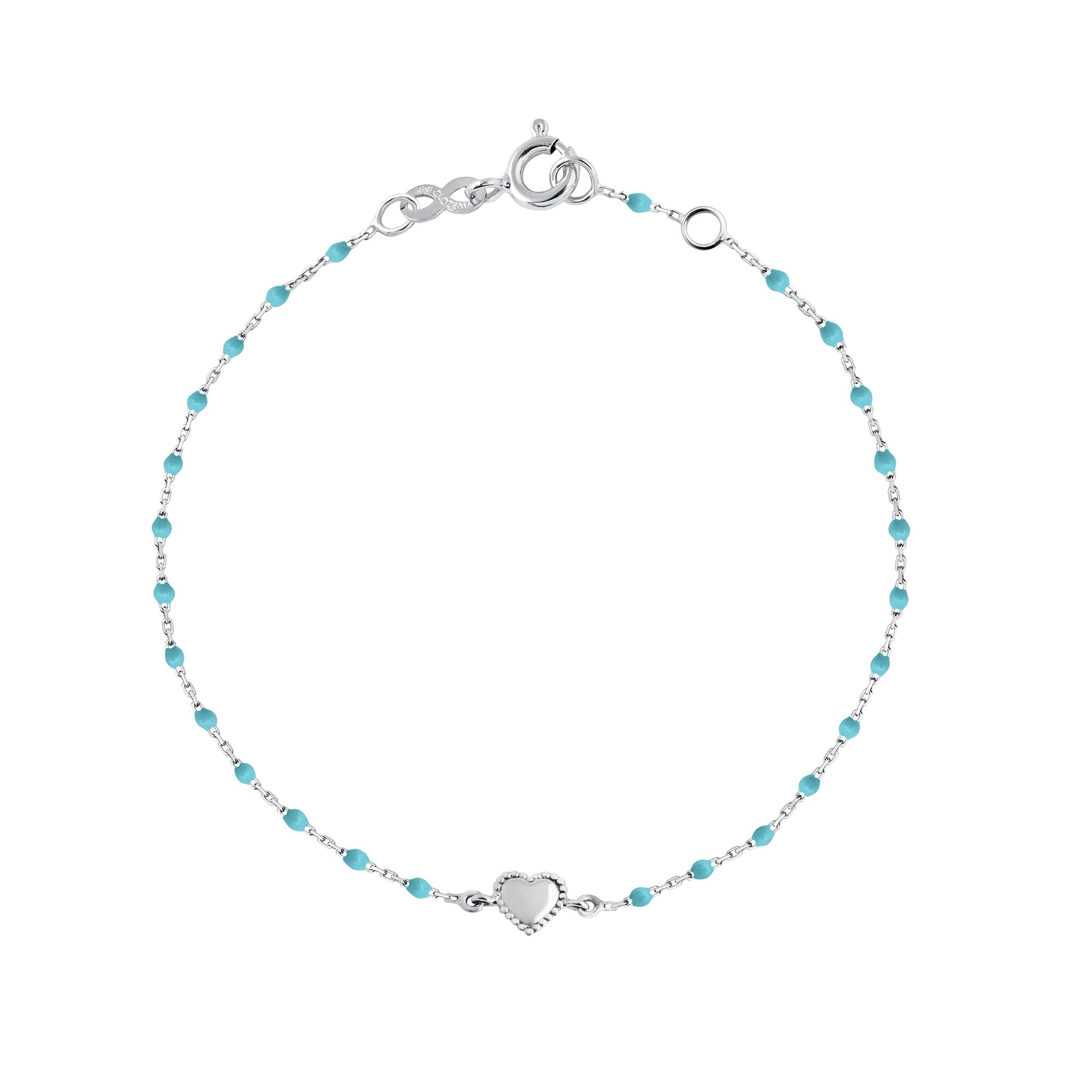 Gigi Clozeau - Bracelet Lucky Coeur, or blanc et mini perles de résine turquoise, 17 cm