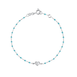 Gigi Clozeau - Bracelet Lucky Coeur, or blanc et mini perles de résine turquoise, 17 cm