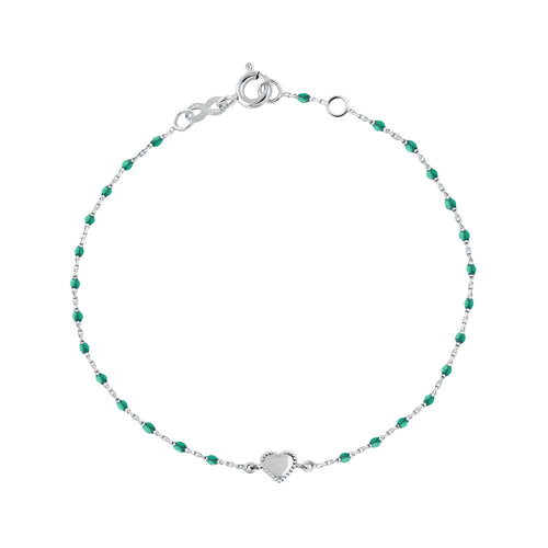 Gigi Clozeau - Bracelet Lucky Coeur, or émeraude et mini perles de résine blanc, 17 cm