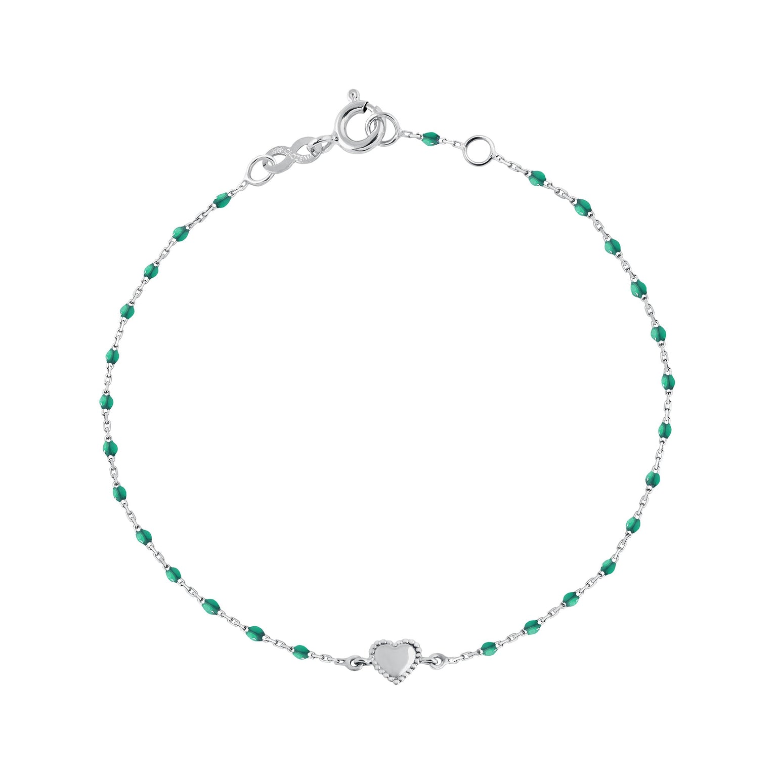 Gigi Clozeau - Bracelet Lucky Coeur, or émeraude et mini perles de résine blanc, 17 cm
