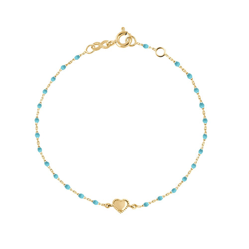 Gigi Clozeau - Bracelet Lucky Coeur, or jaune et mini perles de résine turquoise, 17 cm
