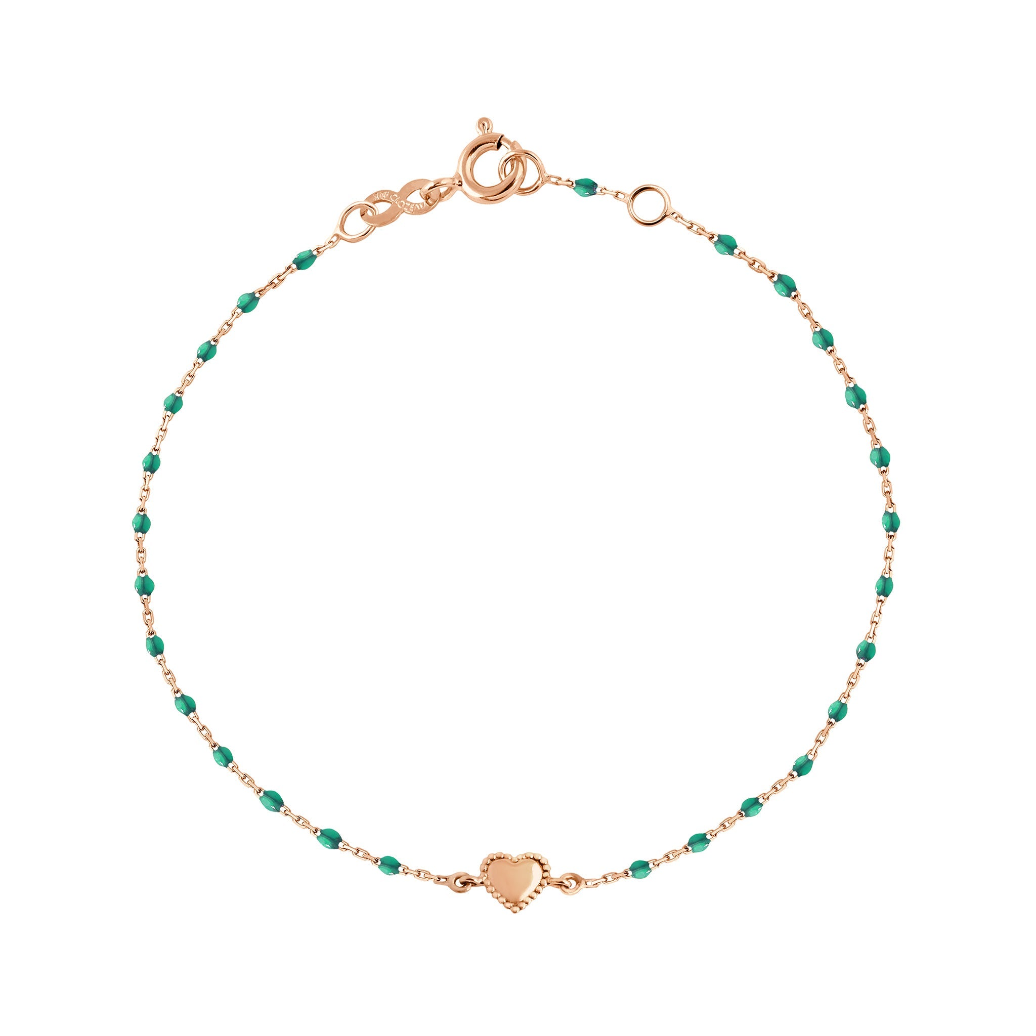 Gigi Clozeau - Bracelet Lucky Coeur, or rose et mini perles de résine émeraude, 17 cm