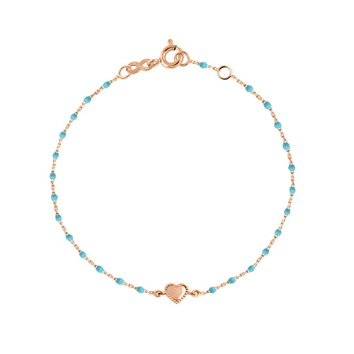Gigi Clozeau - Bracelet Lucky Coeur, or rose et mini perles de résine turquoise, 17 cm