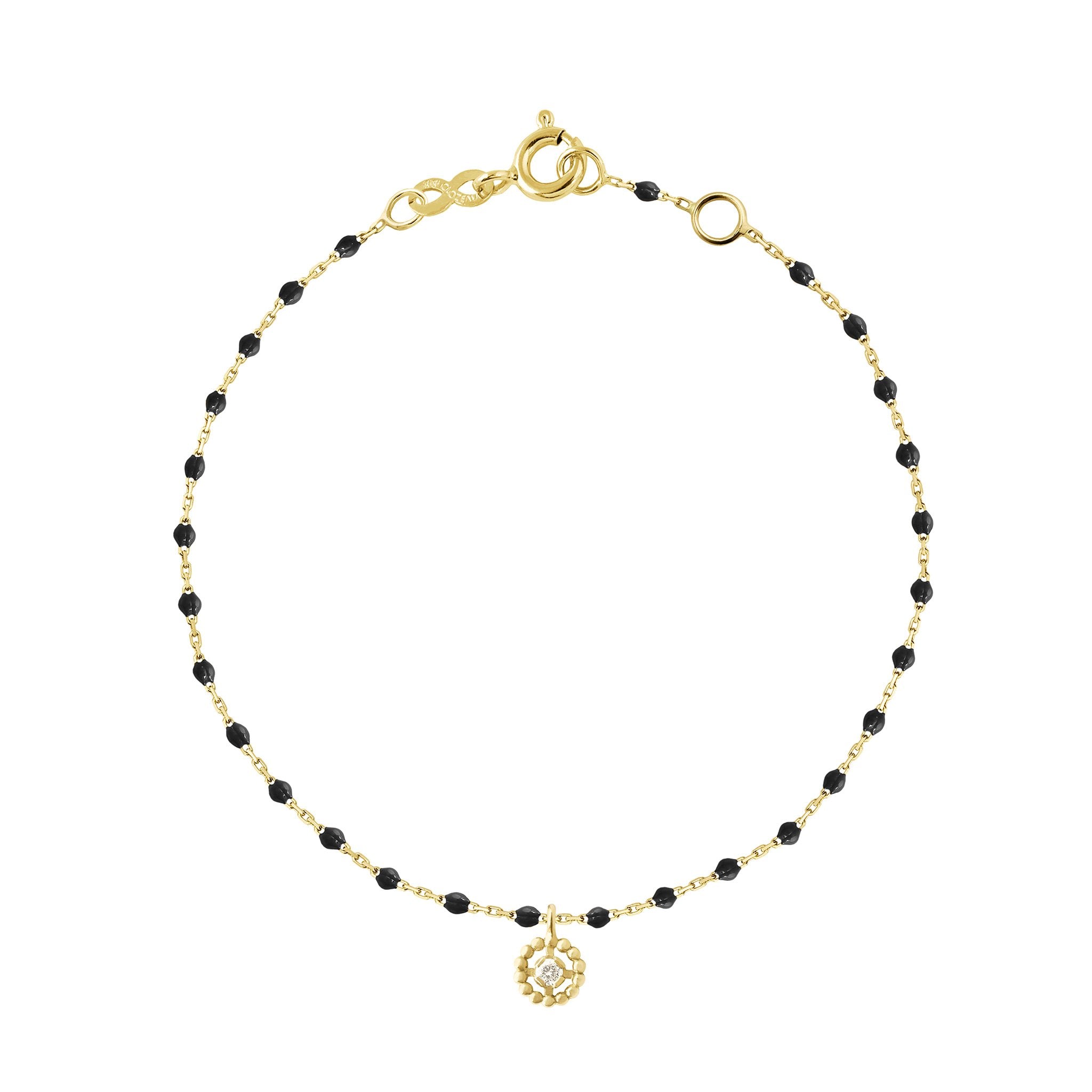 Gigi Clozeau - Bracelet Lucky Puce, diamant, or jaune et mini perles de résine noire, 17 cm