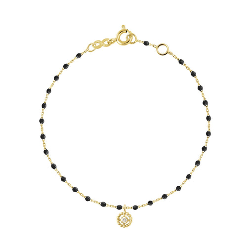 Gigi Clozeau - Bracelet Lucky Puce, diamant, or jaune et mini perles de résine noire, 17 cm