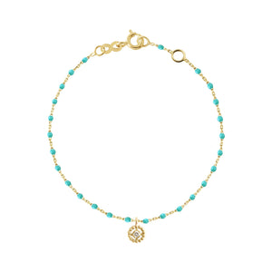 Gigi Clozeau - Bracelet Lucky Puce, diamant, or jaune et mini perles de résine turquoise verte, 17 cm