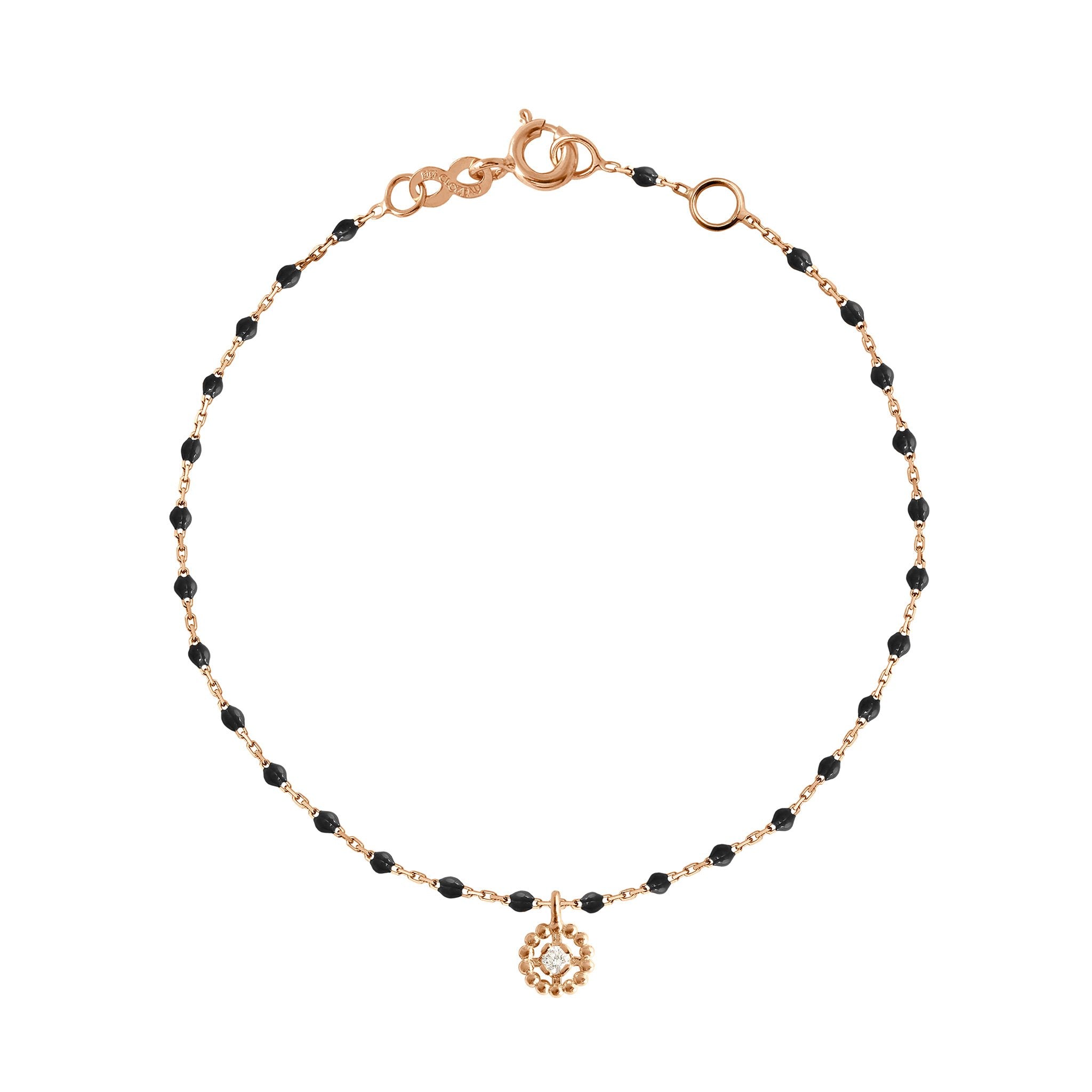 Gigi Clozeau - Bracelet Lucky Puce, diamant, or rose et mini perles de résine noire, 17 cm