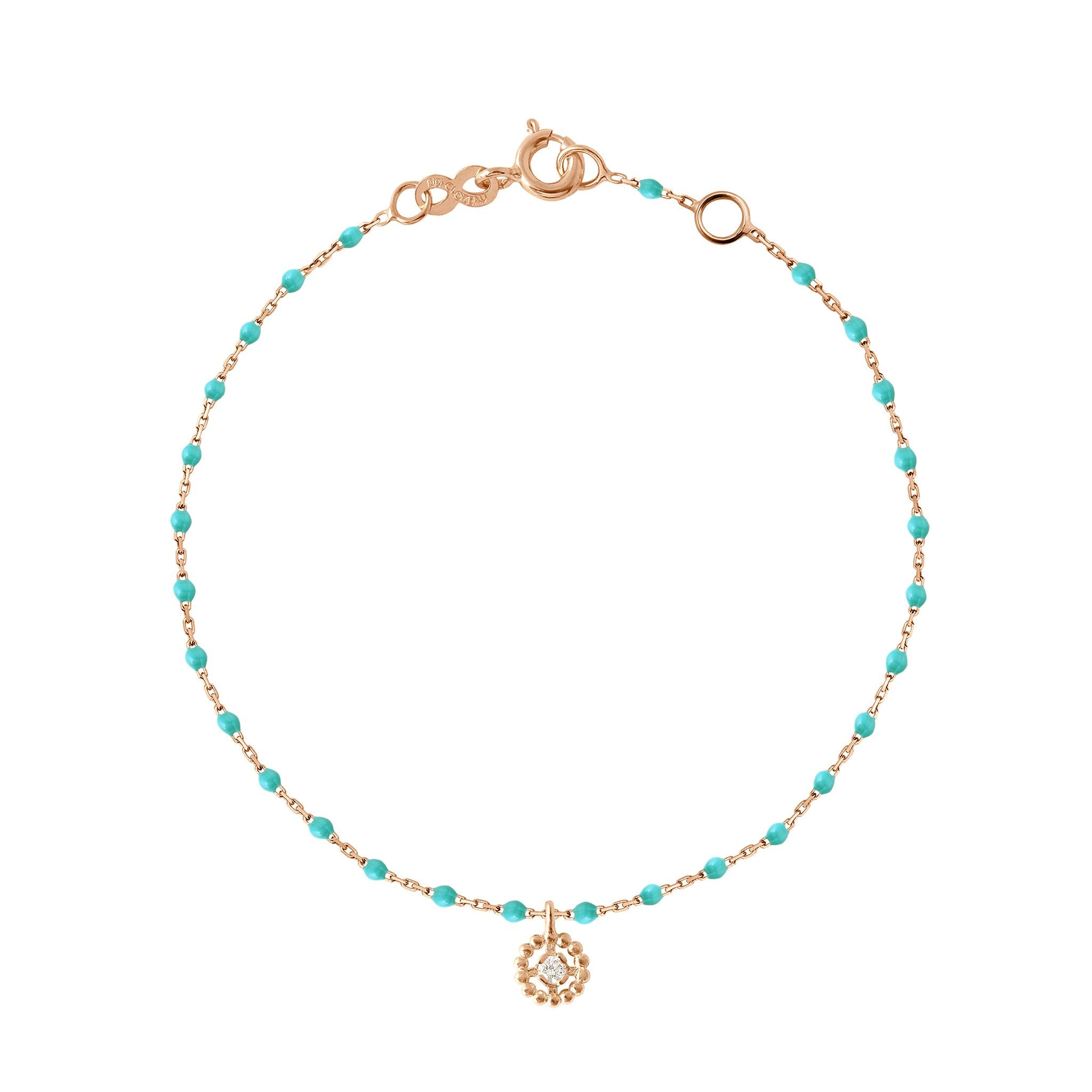Gigi Clozeau - Bracelet Lucky Puce, diamant, or rose et mini perles de résine turquoise verte, 17 cm