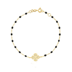 Gigi Clozeau - Bracelet noir Lucky Trèfle, diamants, or jaune, 17 cm