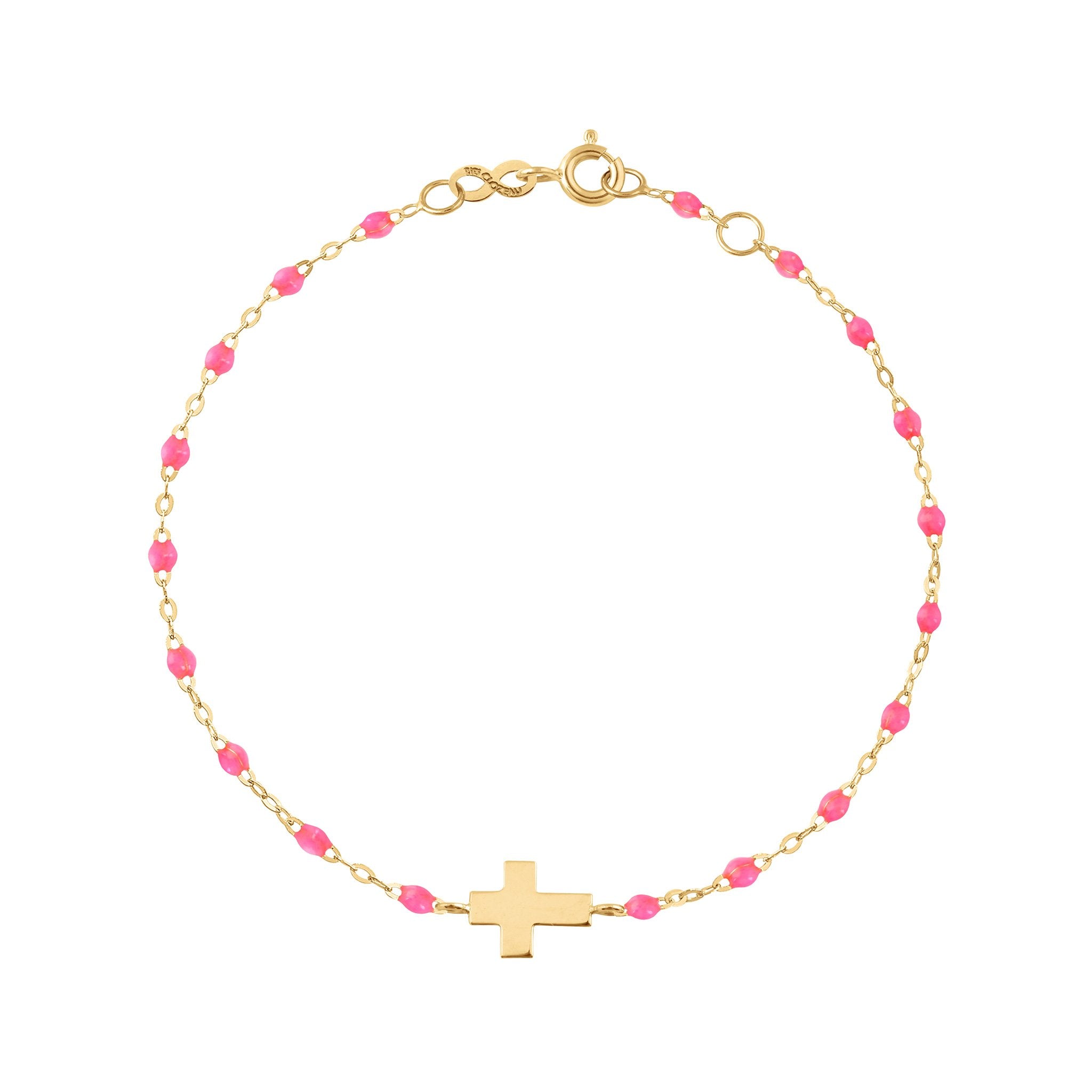 Gigi Clozeau - Bracelet rose fluo Croix, or jaune, 17cm