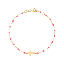 Gigi Clozeau - Bracelet rose fluo Croix, or jaune, 17cm