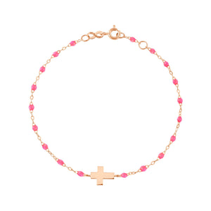 Gigi Clozeau - Bracelet rose fluo Croix, or rose, 17cm