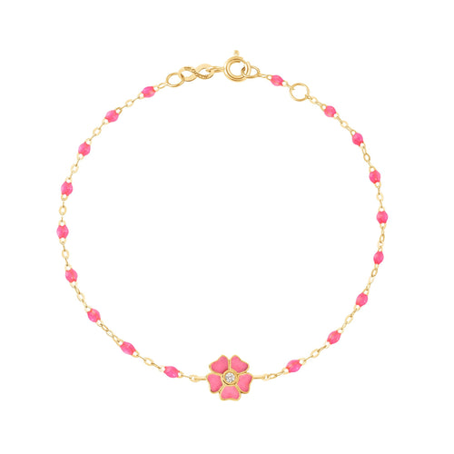 Gigi Clozeau - Bracelet rose fluo Fleur, diamant, or jaune, 17 cm