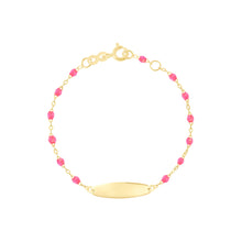 Gigi Clozeau - Bracelet rose fluo Little Gigi, plaque ovale, or jaune, 13 cm