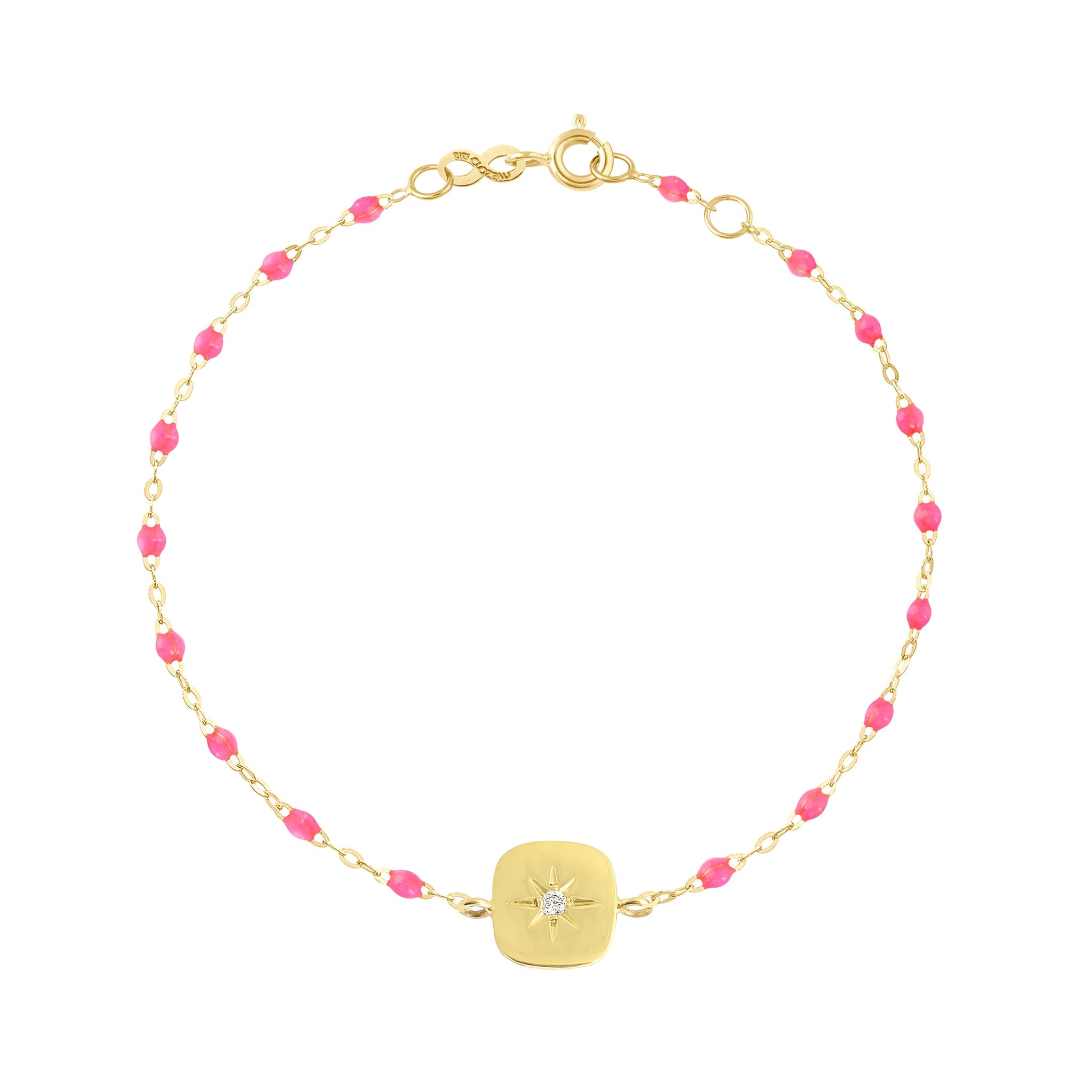 Gigi Clozeau - Bracelet rose fluo Miss Gigi diamant, or jaune, 17 cm