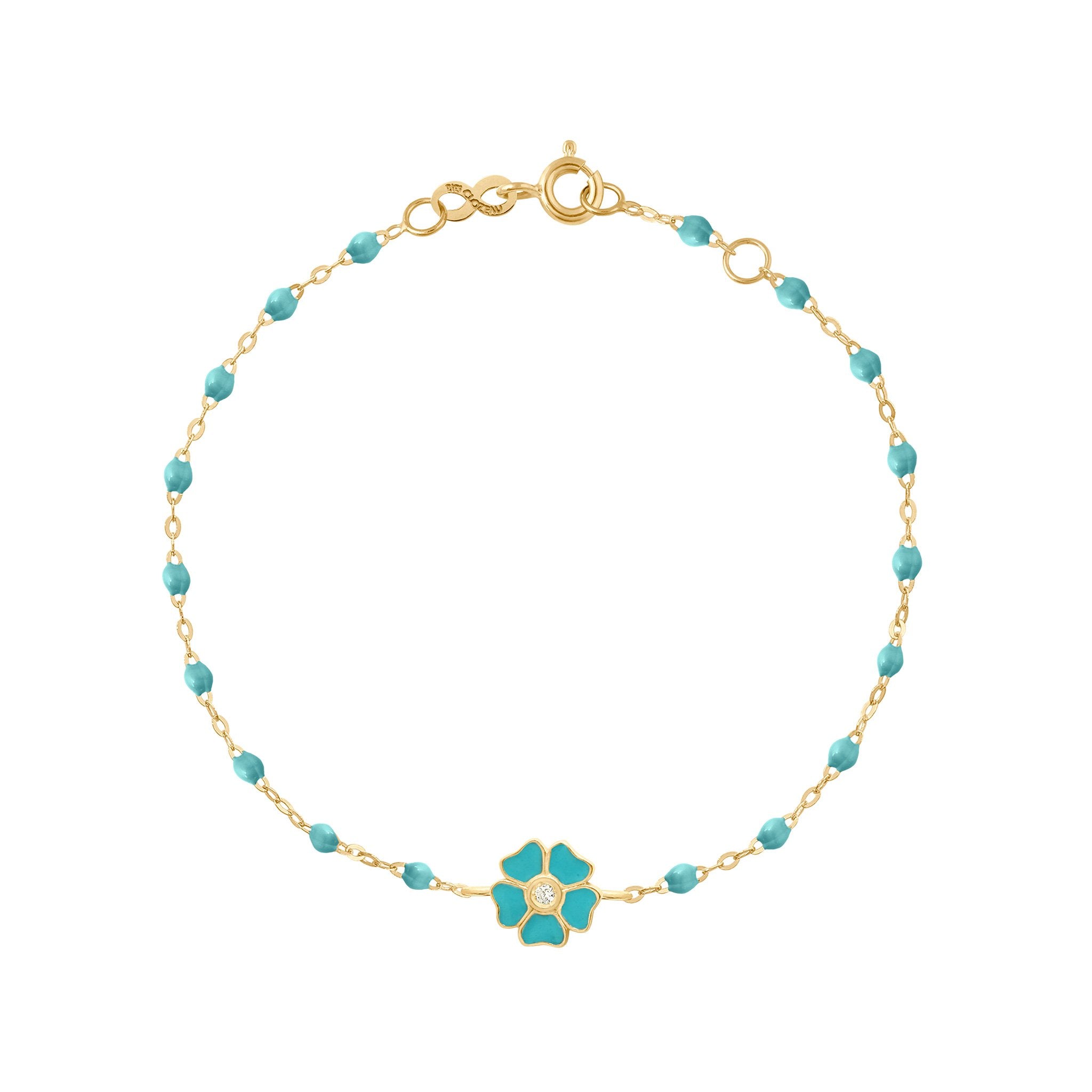 Gigi Clozeau - Bracelet turquoise vert Fleur, diamant, or jaune, 17 cm