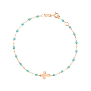 Gigi Clozeau - Bracelet vert d'eau Croix, or rose, 17cm