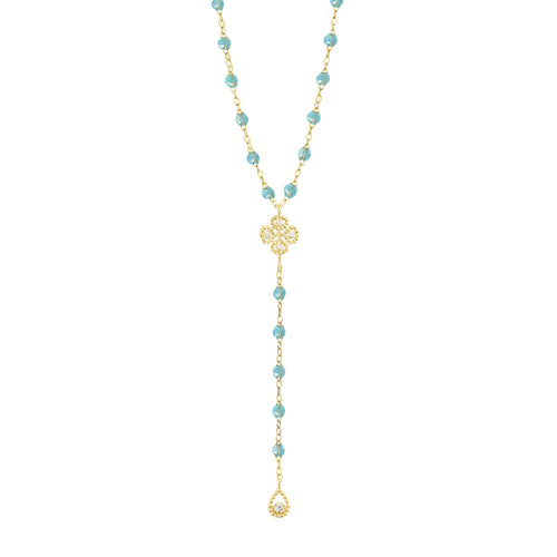 Gigi Clozeau - Chapelet aqua Lucky Trèfle, diamants, or jaune, 45 cm
