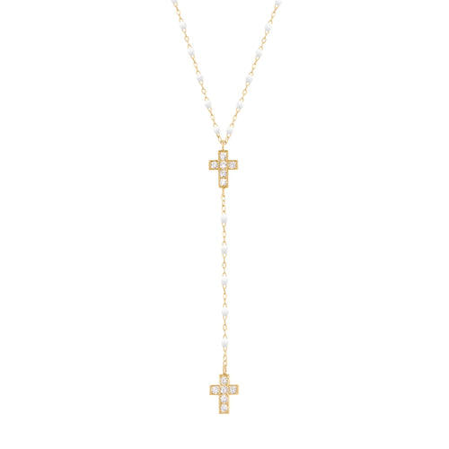 Gigi Clozeau - Chapelet blanc Croix Diamants, or jaune, 42 cm