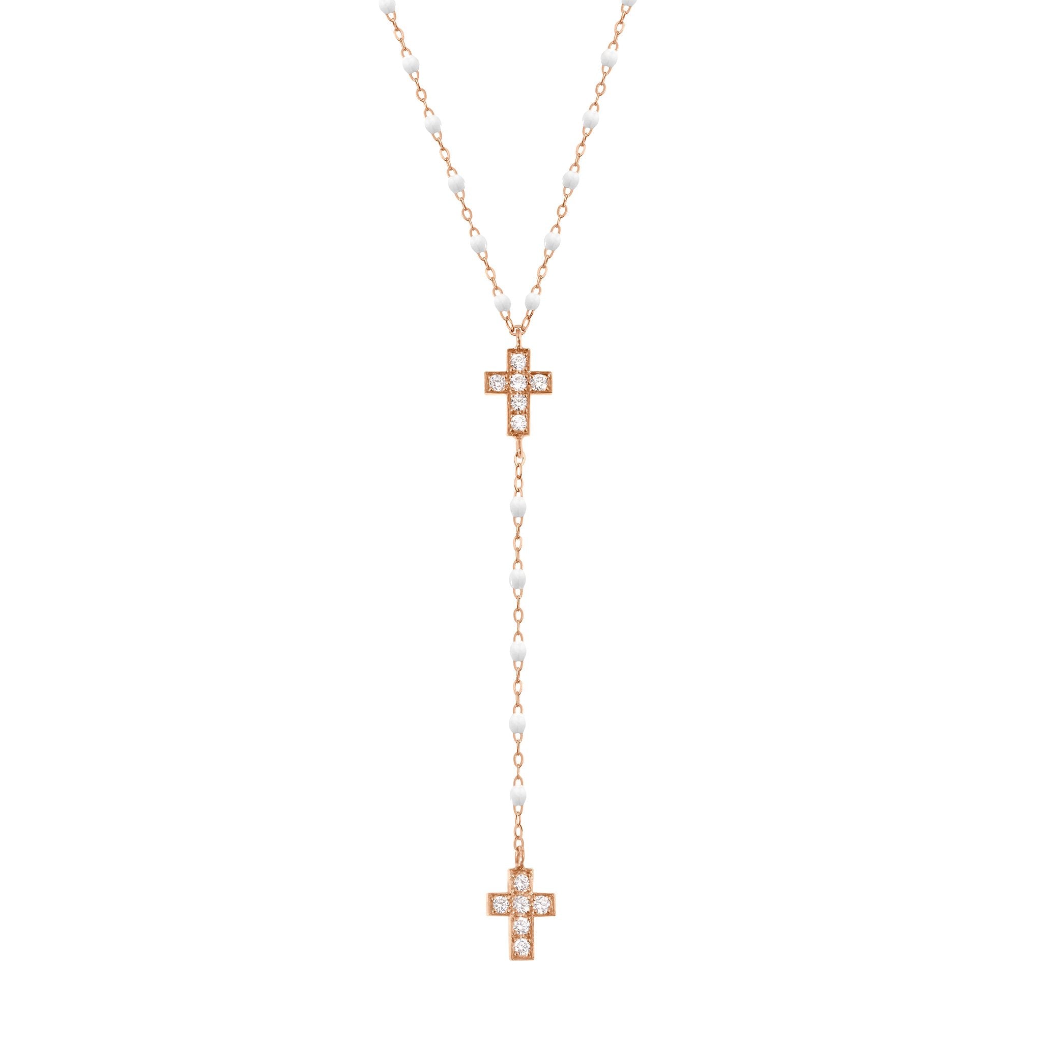 Gigi Clozeau - Chapelet blanc Croix Diamants, or rose, 42 cm