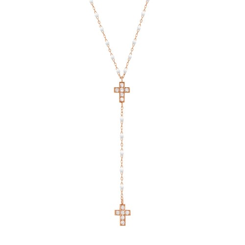 Gigi Clozeau - Chapelet blanc Croix Diamants, or rose, 42 cm