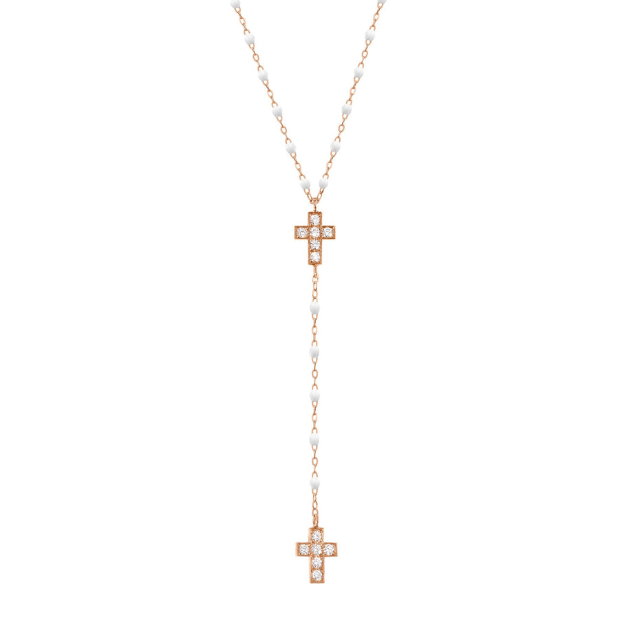 Gigi Clozeau - Chapelet blanc Croix Diamants, or rose, 42 cm