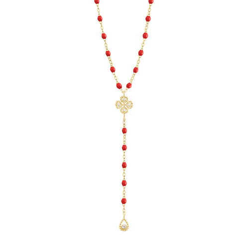 Gigi Clozeau - Chapelet coquelicot Lucky Trèfle, diamants, or jaune, 45 cm
