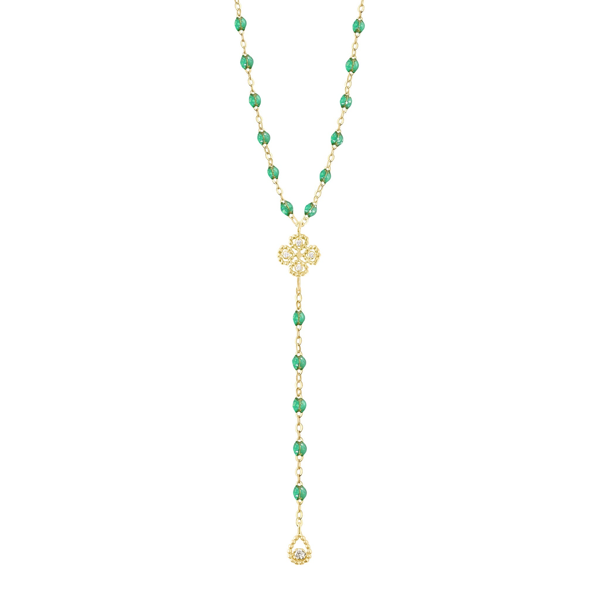 Gigi Clozeau - Chapelet menthe Lucky Trèfle, diamants, or jaune, 45 cm