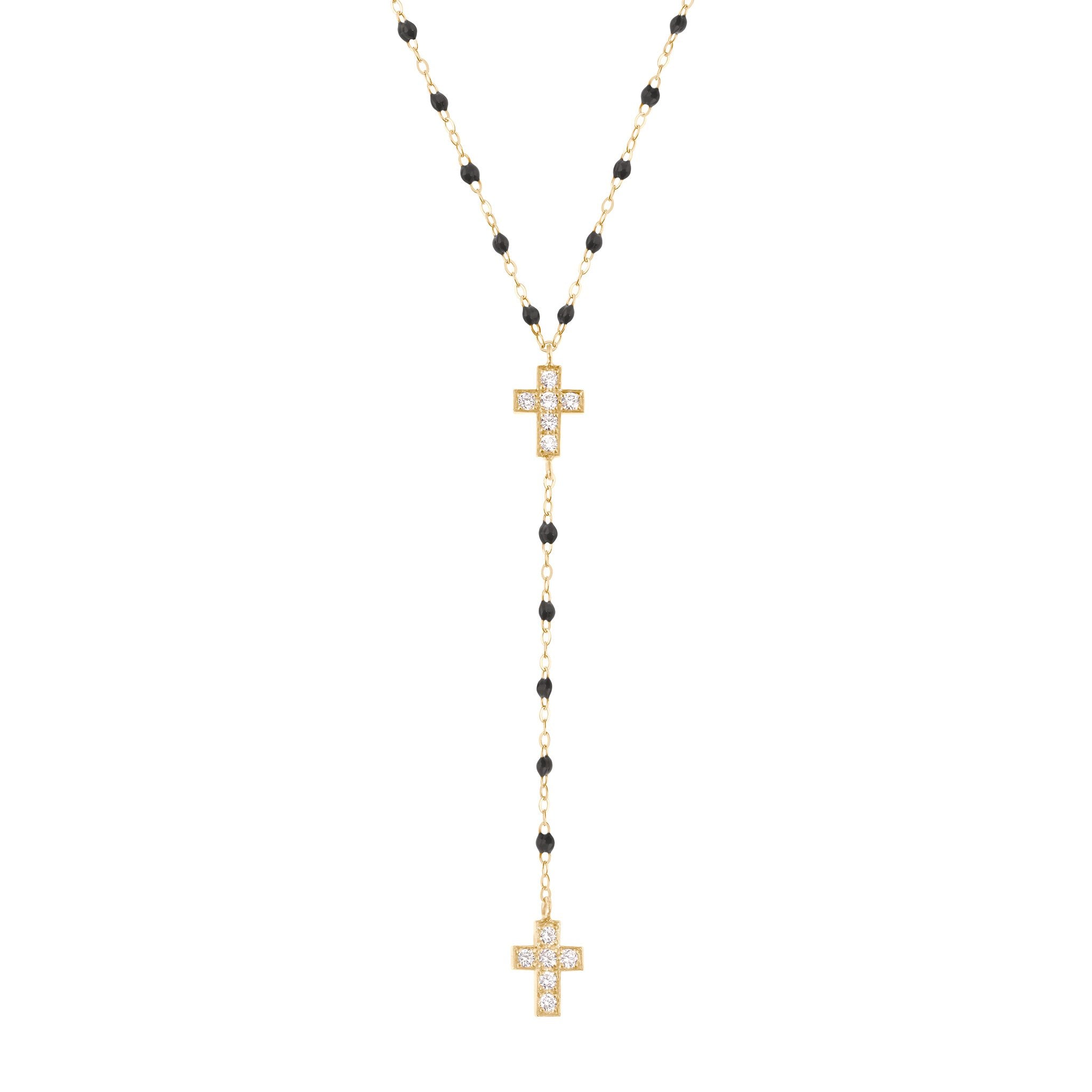 Gigi Clozeau - Chapelet noir Croix Diamants, or jaune, 42 cm