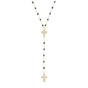 Gigi Clozeau - Chapelet noir Croix Diamants, or jaune, 42 cm