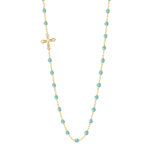 Gigi Clozeau - Collier aqua Croix Vintage diamants, or jaune, 42 cm