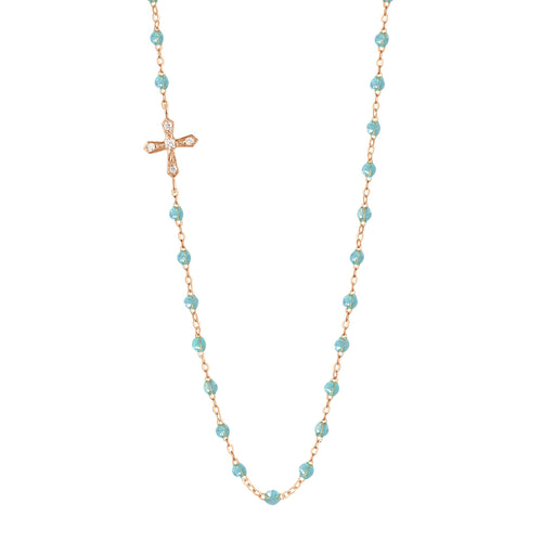 Gigi Clozeau - Collier aqua Croix Vintage diamants, or rose, 42 cm