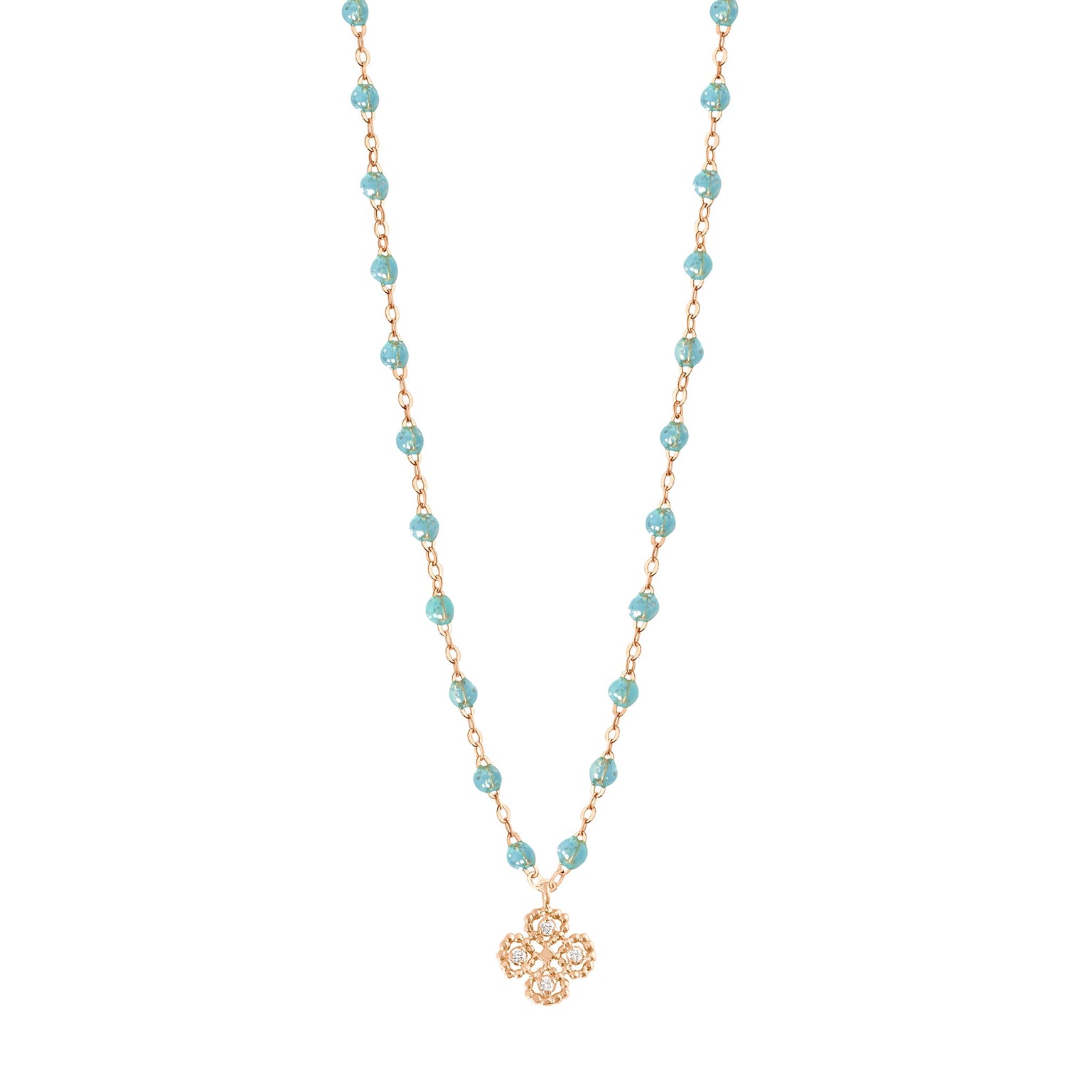 Gigi Clozeau - Collier aqua Lucky Trèfle, diamants, or rose, 42 cm