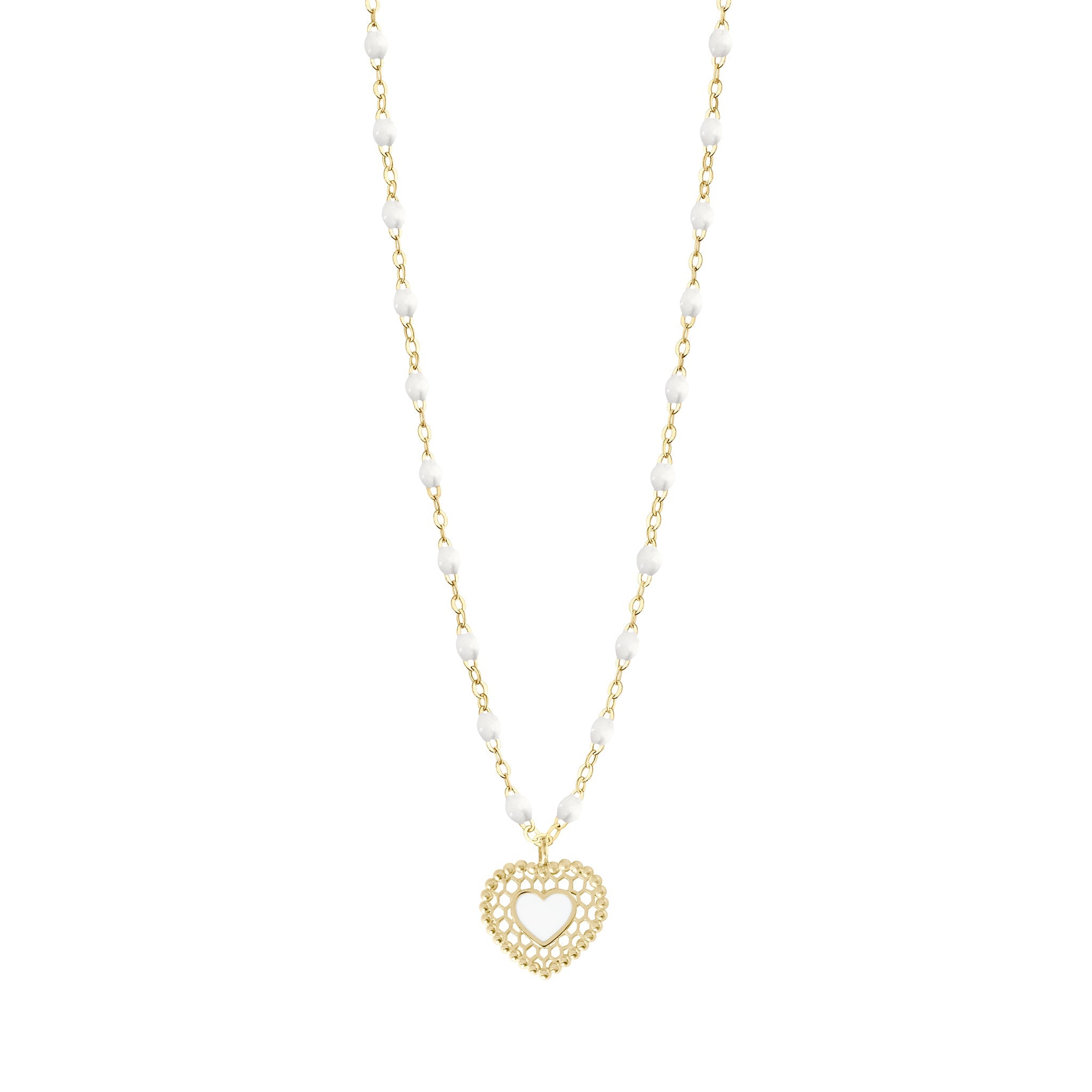 Gigi Clozeau - Collier blanc Cœur Dentelle, or jaune, 42 cm