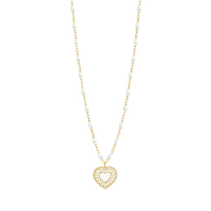 Gigi Clozeau - Collier blanc Cœur Dentelle, or jaune, 42 cm