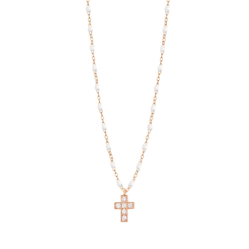 Gigi Clozeau - Collier blanc Croix diamants, or rose, 42 cm