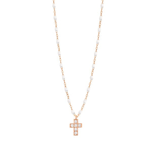 Gigi Clozeau - Collier blanc Croix diamants, or rose, 42 cm