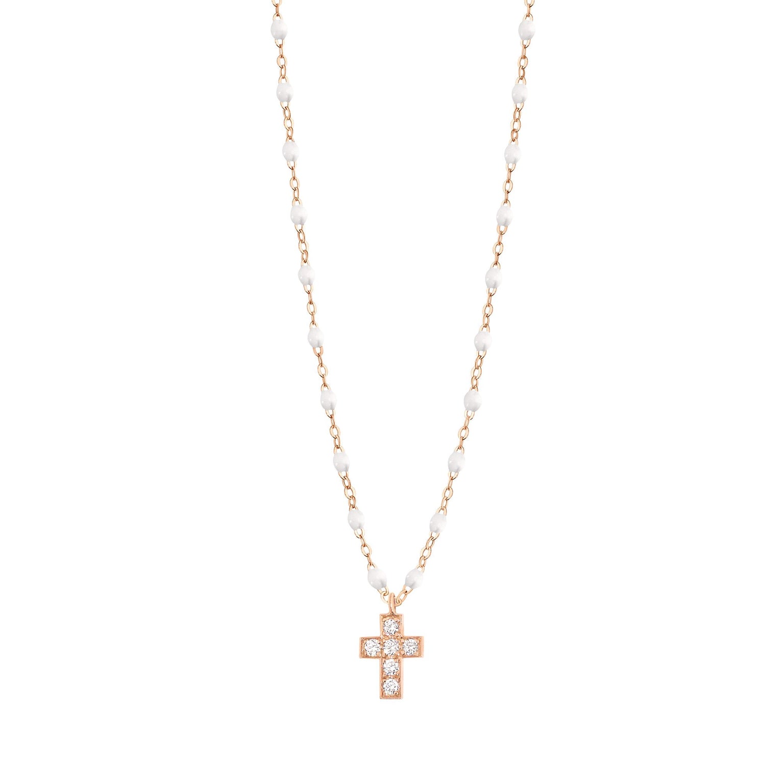 Gigi Clozeau - Collier blanc Croix diamants, or rose, 42 cm
