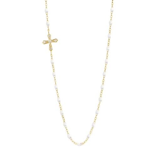 Gigi Clozeau - Collier blanc croix vintage diamants, or jaune, 42 cm