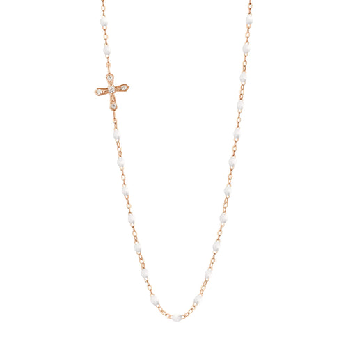 Gigi Clozeau - Collier blanc croix vintage diamants, or rose, 42 cm