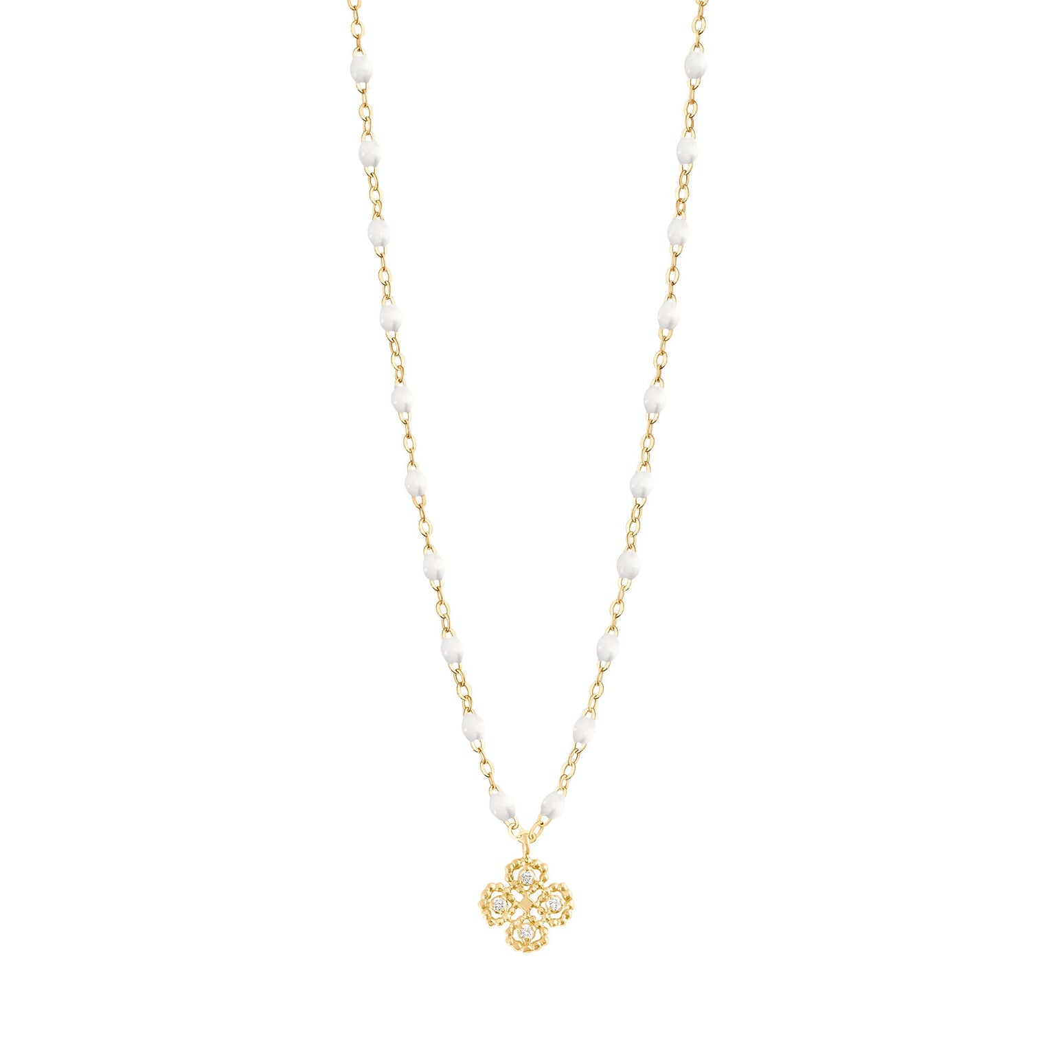 Gigi Clozeau - Collier blanc Lucky Trèfle, diamants, or jaune, 42 cm